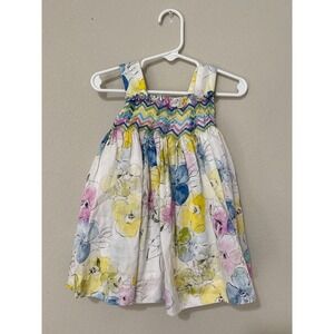 Luli & Me Baby Girl Hand Smocked Smocked Watercolor Floral Dress Size 6 Months